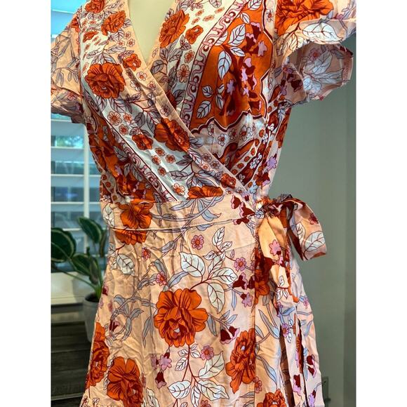 NWT: ZESICA Wrap V Neck Bohemian Floral Print Ruffle Swing A-Line Dress (S) - Picture 3 of 8